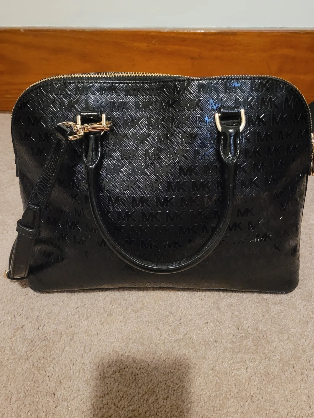 Michael Kors Black Patent MK Monogram Satchel Shoulder Bag Gold Hardware